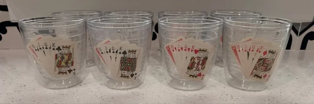 Vintage Tumbler Set of Eight (8) Drinking Glasses Playing Cards 10oz/4”